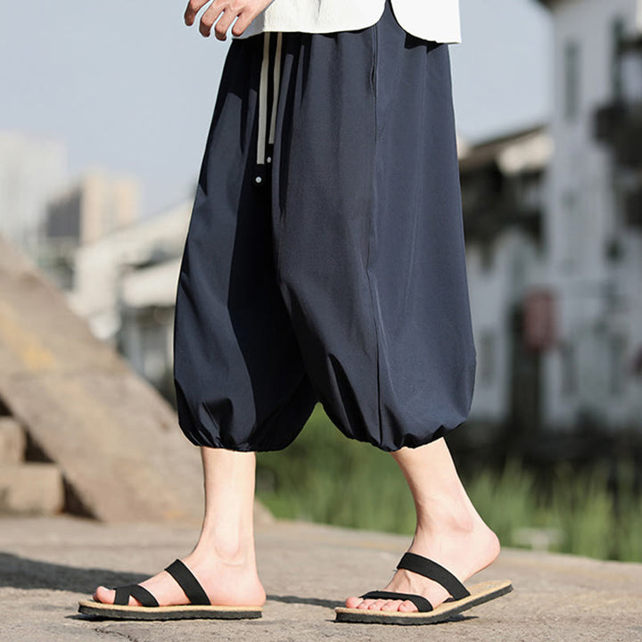 Buddha Stones無地ドローストリング メンズ カプリ クロップド ハーレムパンツ ポケット付き