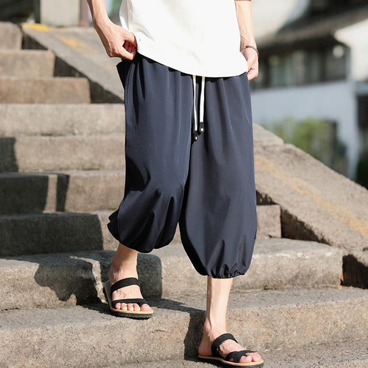 Buddha Stones無地ドローストリング メンズ カプリ クロップド ハーレムパンツ ポケット付き