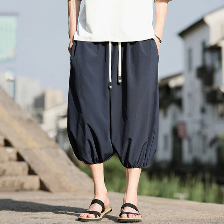 Buddha Stones無地ドローストリング メンズ カプリ クロップド ハーレムパンツ ポケット付き