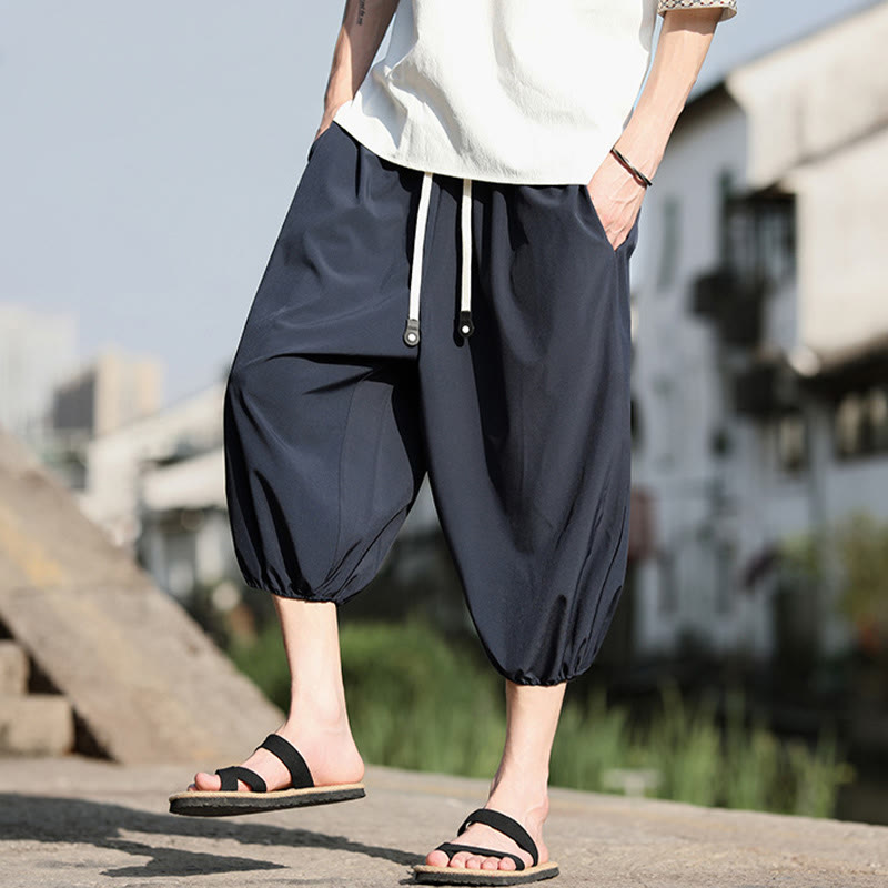 Buddha Stones無地ドローストリング メンズ カプリ クロップド ハーレムパンツ ポケット付き