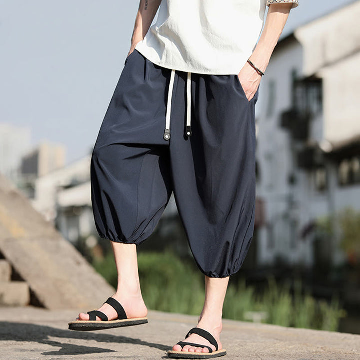 Buddha Stones無地ドローストリング メンズ カプリ クロップド ハーレムパンツ ポケット付き