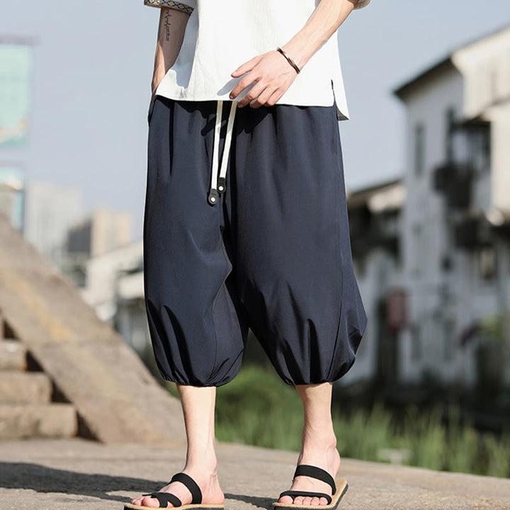Buddha Stones無地ドローストリング メンズ カプリ クロップド ハーレムパンツ ポケット付き