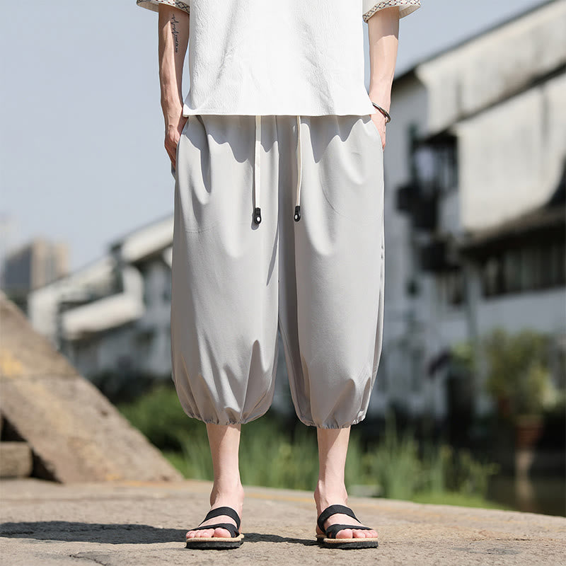 Buddha Stones無地ドローストリング メンズ カプリ クロップド ハーレムパンツ ポケット付き