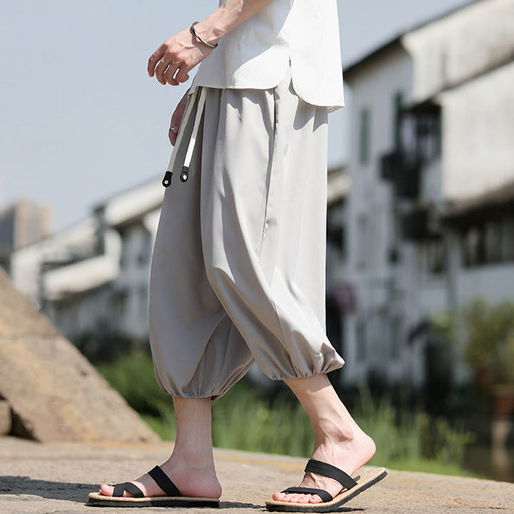 Buddha Stones無地ドローストリング メンズ カプリ クロップド ハーレムパンツ ポケット付き