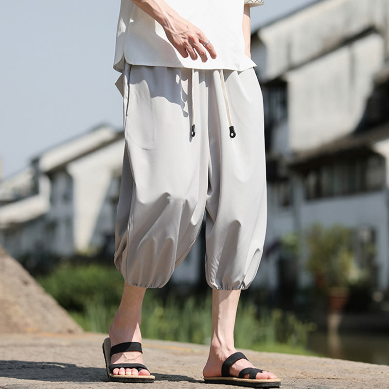 Buddha Stones無地ドローストリング メンズ カプリ クロップド ハーレムパンツ ポケット付き