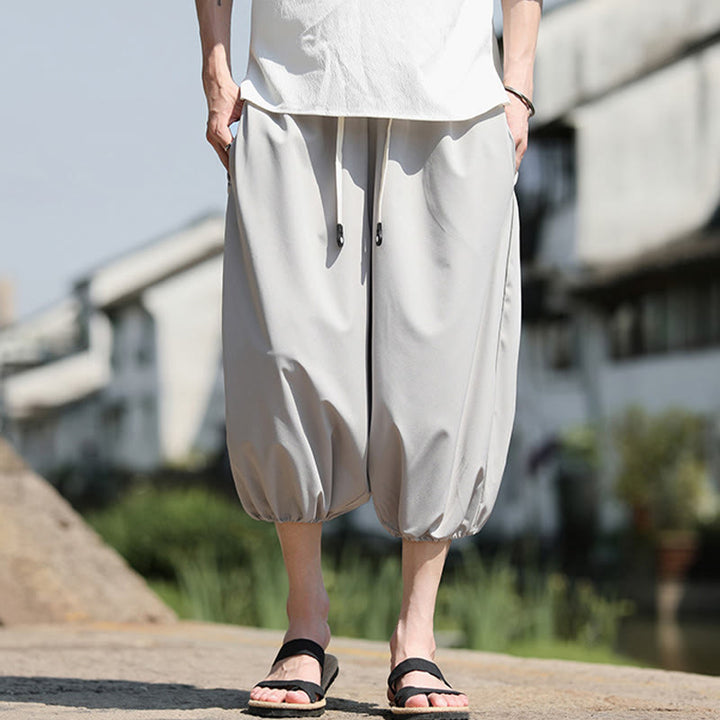Buddha Stones無地ドローストリング メンズ カプリ クロップド ハーレムパンツ ポケット付き