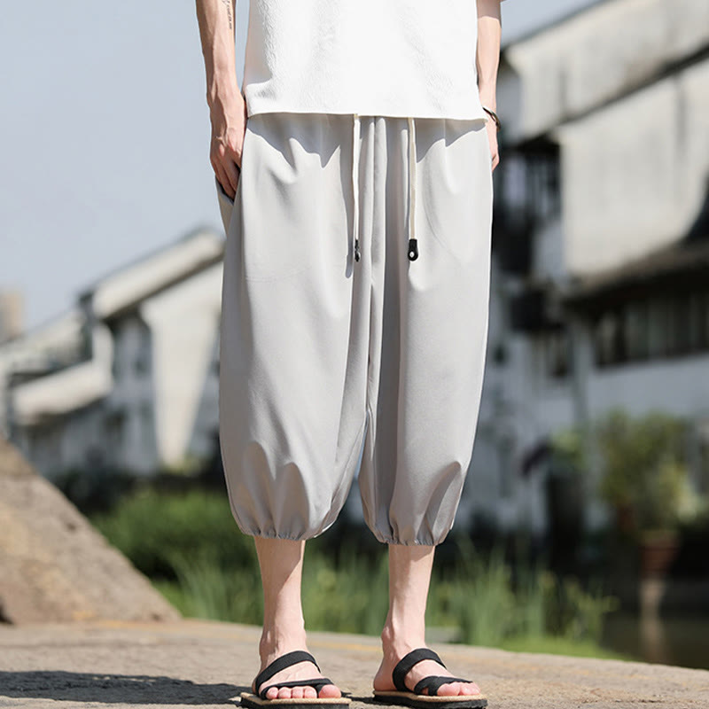 Buddha Stones無地ドローストリング メンズ カプリ クロップド ハーレムパンツ ポケット付き