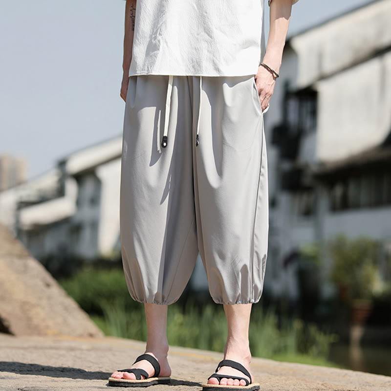 Buddha Stones無地ドローストリング メンズ カプリ クロップド ハーレムパンツ ポケット付き