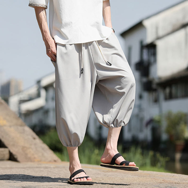 Buddha Stones無地ドローストリング メンズ カプリ クロップド ハーレムパンツ ポケット付き