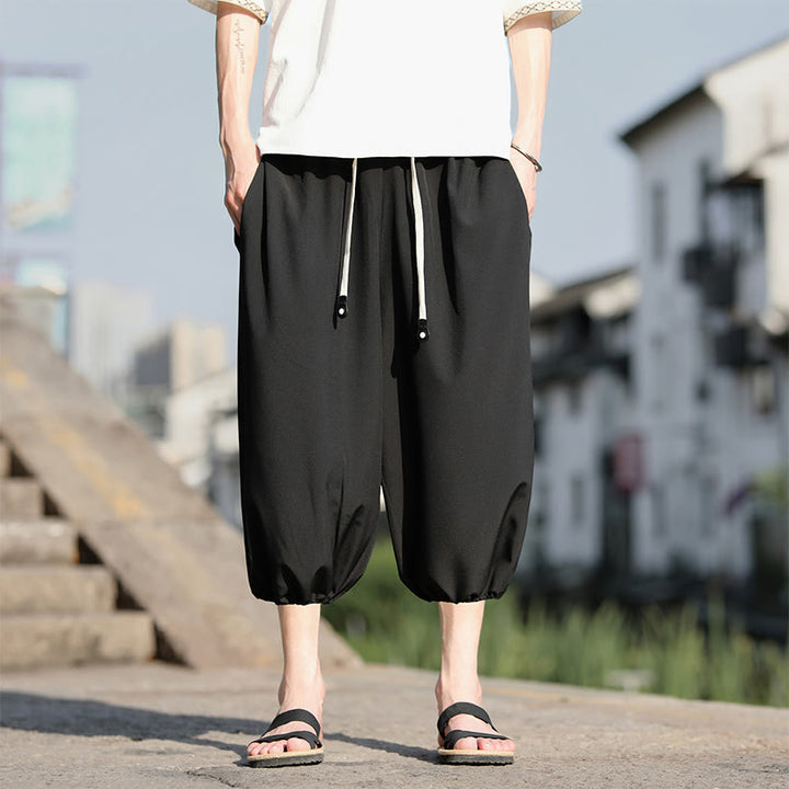 Buddha Stones無地ドローストリング メンズ カプリ クロップド ハーレムパンツ ポケット付き