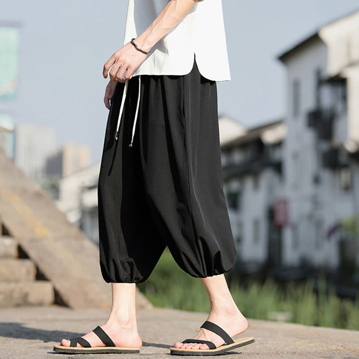Buddha Stones無地ドローストリング メンズ カプリ クロップド ハーレムパンツ ポケット付き