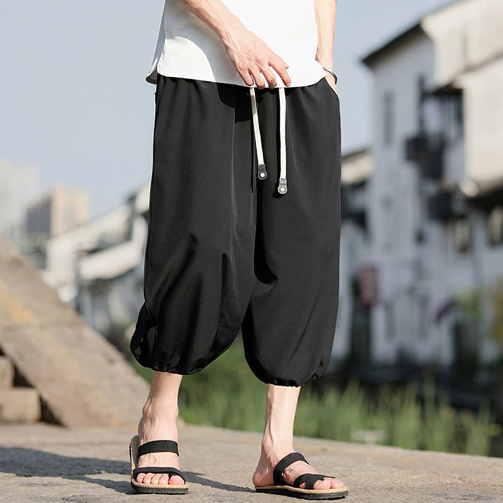 Buddha Stones無地ドローストリング メンズ カプリ クロップド ハーレムパンツ ポケット付き