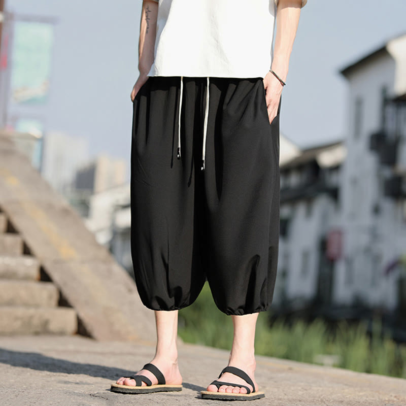 Buddha Stones無地ドローストリング メンズ カプリ クロップド ハーレムパンツ ポケット付き