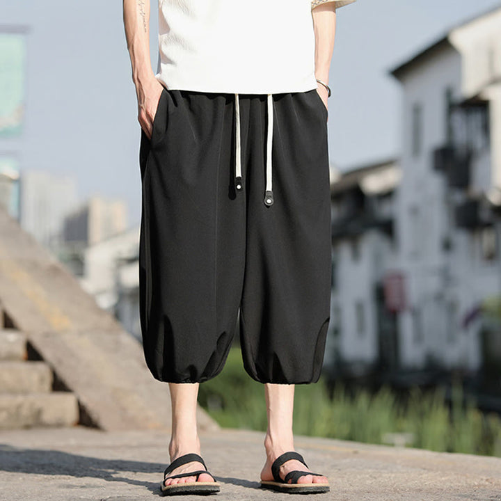 Buddha Stones無地ドローストリング メンズ カプリ クロップド ハーレムパンツ ポケット付き