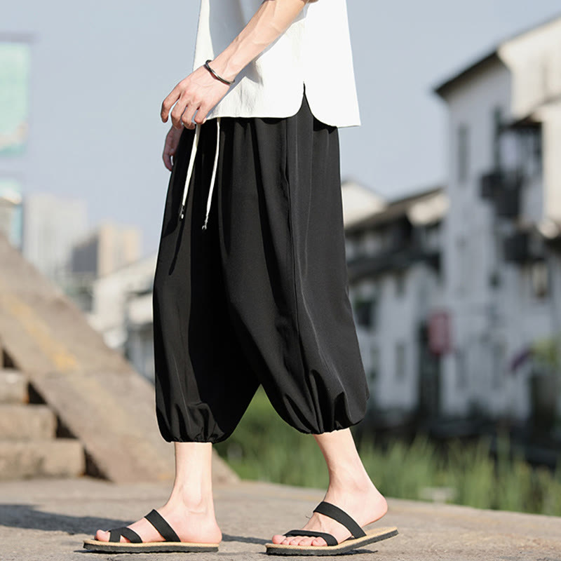 Buddha Stones無地ドローストリング メンズ カプリ クロップド ハーレムパンツ ポケット付き - image 18