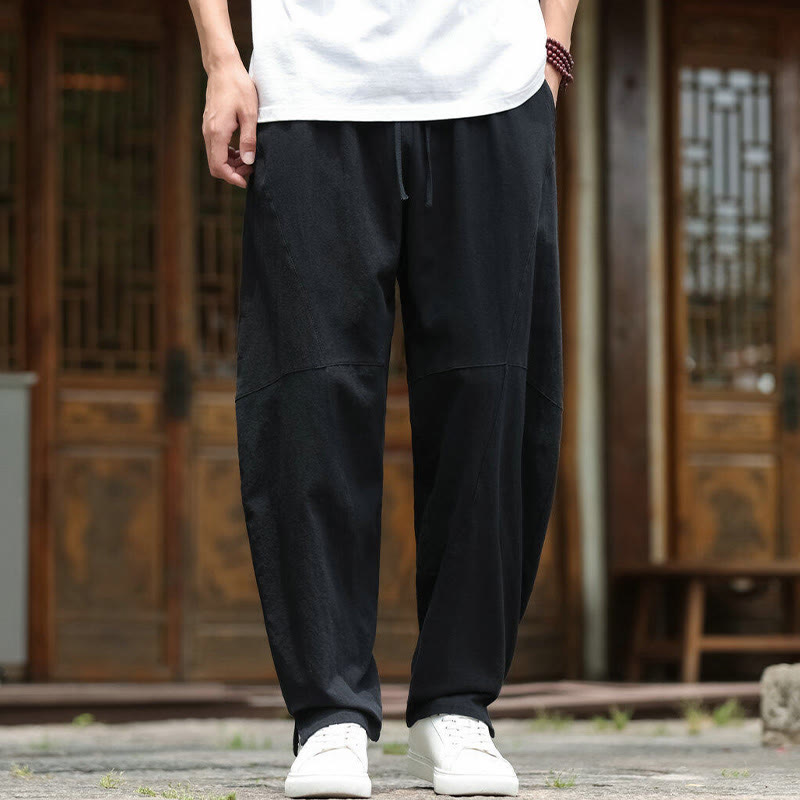 Buddha Stones無地ドローストリング メンズ 伸縮性ウエストバンド コットンリネン パンツ ポケット付き - 黒 - US/UK/AU46、 EU56 (5XL) - image 10