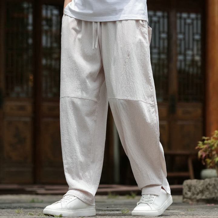 Buddha Stones無地ドローストリング メンズ 伸縮性ウエストバンド コットンリネン パンツ ポケット付き - リネン - US/UK/AU46、 EU56 (5XL) - image 0