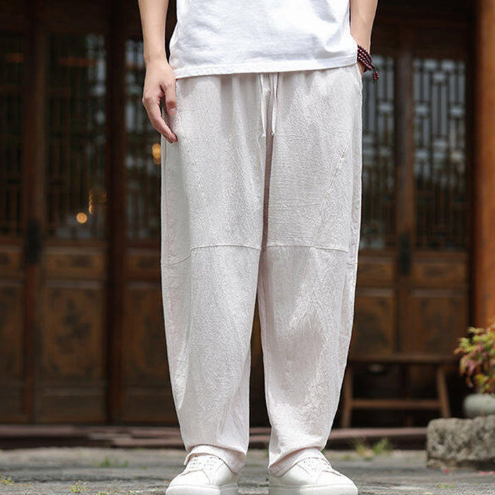 Buddha Stones無地ドローストリング メンズ 伸縮性ウエストバンド コットンリネン パンツ ポケット付き - image 1