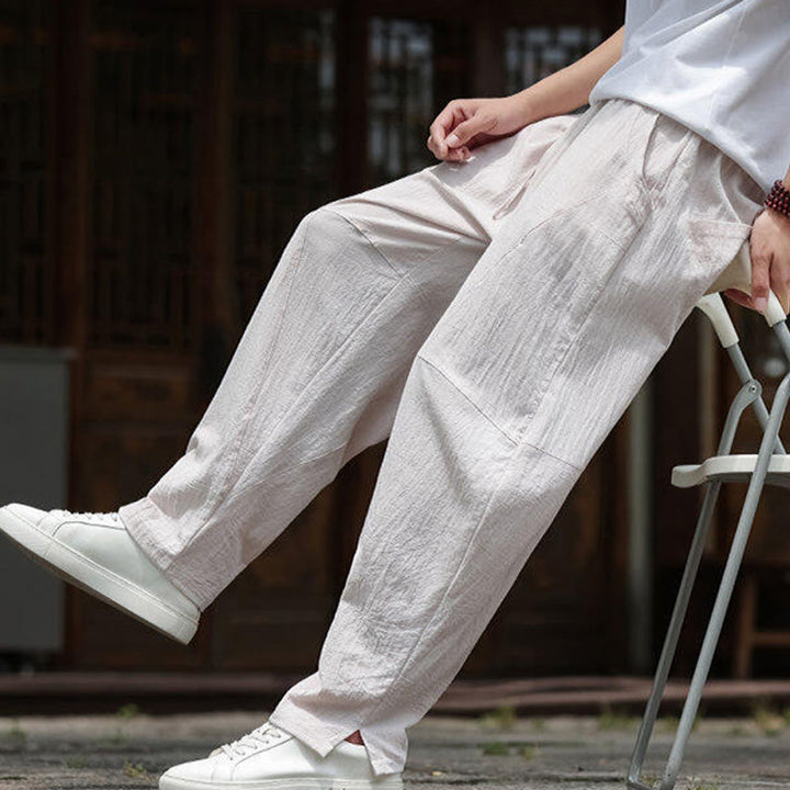 Buddha Stones無地ドローストリング メンズ 伸縮性ウエストバンド コットンリネン パンツ ポケット付き - image 7