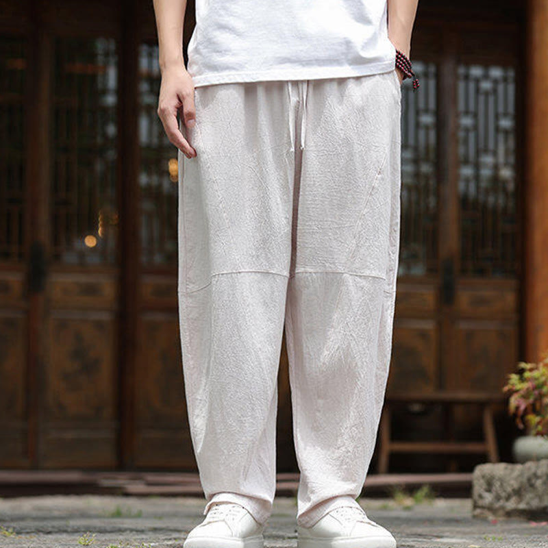 Buddha Stones無地ドローストリング メンズ 伸縮性ウエストバンド コットンリネン パンツ ポケット付き - image 1