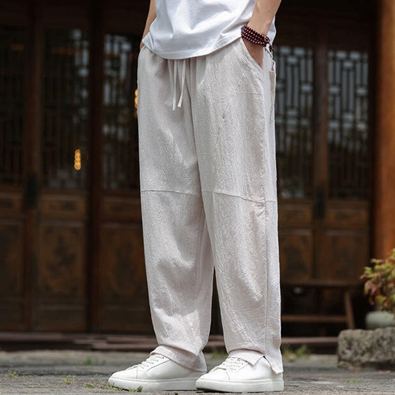 Buddha Stones無地ドローストリング メンズ 伸縮性ウエストバンド コットンリネン パンツ ポケット付き - image 6