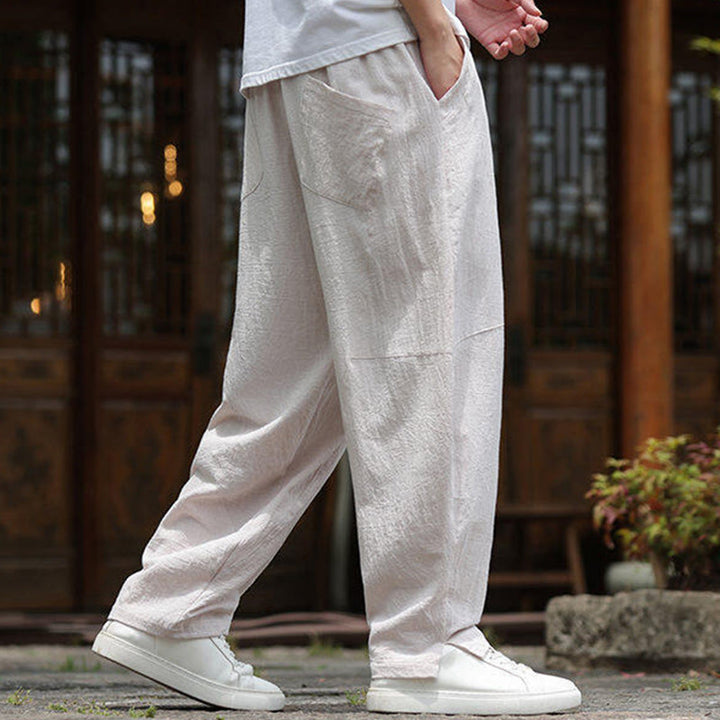 Buddha Stones無地ドローストリング メンズ 伸縮性ウエストバンド コットンリネン パンツ ポケット付き - image 2