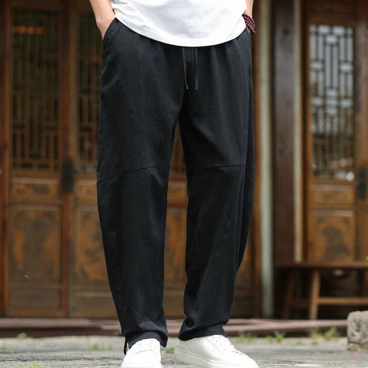 Buddha Stones無地ドローストリング メンズ 伸縮性ウエストバンド コットンリネン パンツ ポケット付き - image 15