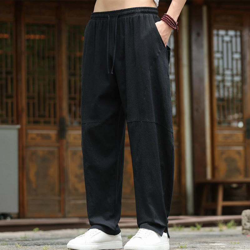 Buddha Stones無地ドローストリング メンズ 伸縮性ウエストバンド コットンリネン パンツ ポケット付き - image 18