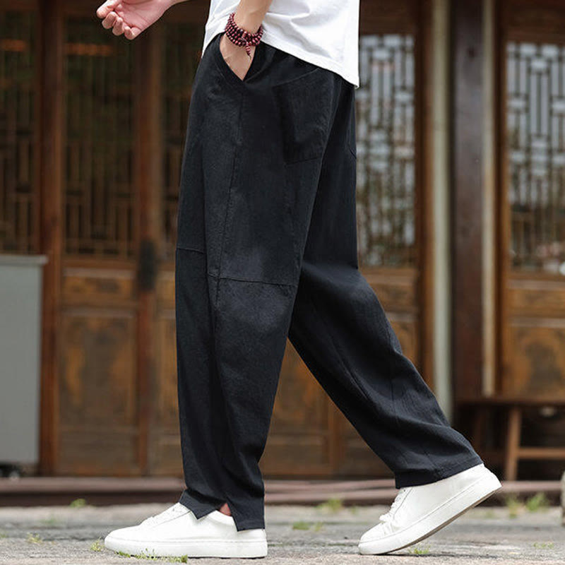 Buddha Stones無地ドローストリング メンズ 伸縮性ウエストバンド コットンリネン パンツ ポケット付き - image 12