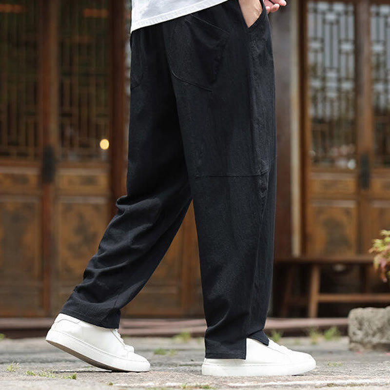 Buddha Stones無地ドローストリング メンズ 伸縮性ウエストバンド コットンリネン パンツ ポケット付き - image 14