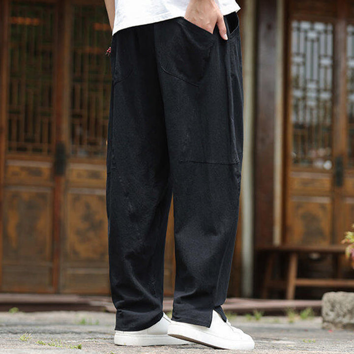 Buddha Stones無地ドローストリング メンズ 伸縮性ウエストバンド コットンリネン パンツ ポケット付き - image 13
