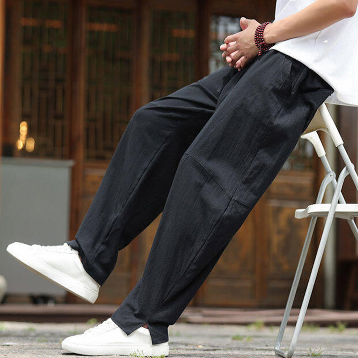 Buddha Stones無地ドローストリング メンズ 伸縮性ウエストバンド コットンリネン パンツ ポケット付き - image 19