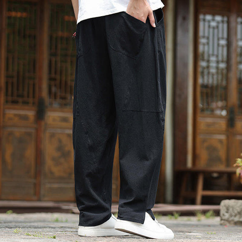 Buddha Stones無地ドローストリング メンズ 伸縮性ウエストバンド コットンリネン パンツ ポケット付き - image 13