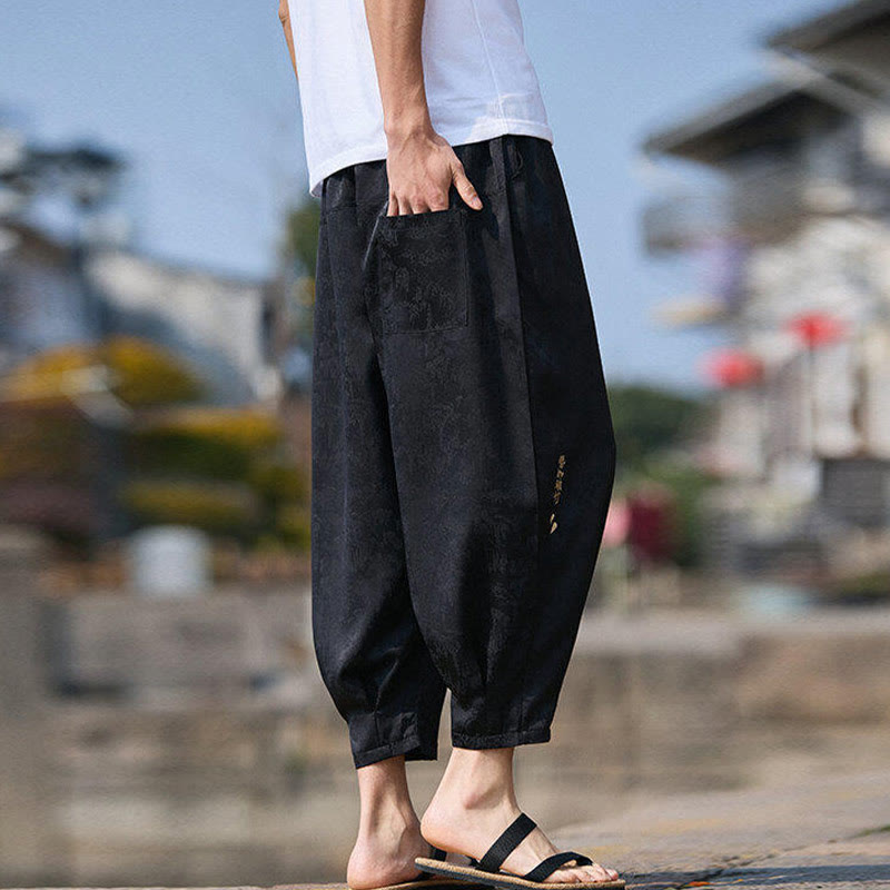 Buddha Stones夏 キャラクター 刺繍 デザイン ドローストリング メンズ 7-8丈 ポケット付きパンツ - image 3