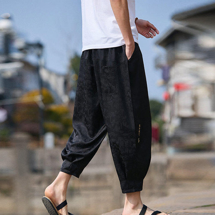 Buddha Stones夏 キャラクター 刺繍 デザイン ドローストリング メンズ 7-8丈 ポケット付きパンツ - image 2