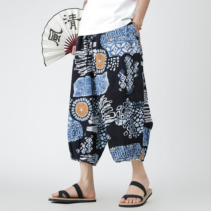 Buddha Stones夏 スクエア パッチワーク 象 曼荼羅 幾何学 コットン リネン メンズ 7-8丈 ポケット付きパンツ