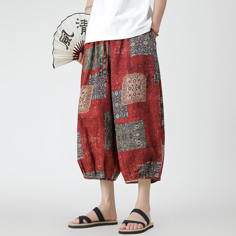 Buddha Stones夏 スクエア パッチワーク 象 曼荼羅 幾何学 コットン リネン メンズ 7-8丈 ポケット付きパンツ