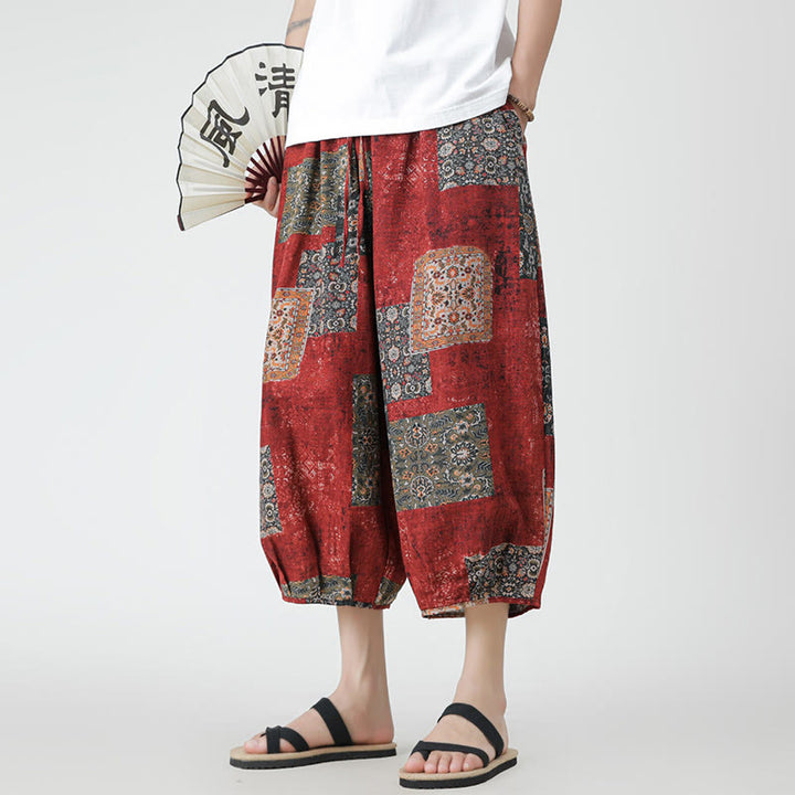 Buddha Stones夏 スクエア パッチワーク 象 曼荼羅 幾何学 コットン リネン メンズ 7-8丈 ポケット付きパンツ