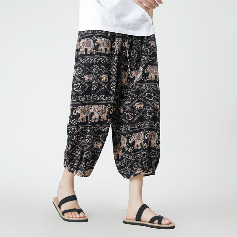 Buddha Stones夏 スクエア パッチワーク 象 曼荼羅 幾何学 コットン リネン メンズ 7-8丈 ポケット付きパンツ