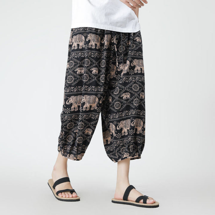 Buddha Stones夏 スクエア パッチワーク 象 曼荼羅 幾何学 コットン リネン メンズ 7-8丈 ポケット付きパンツ
