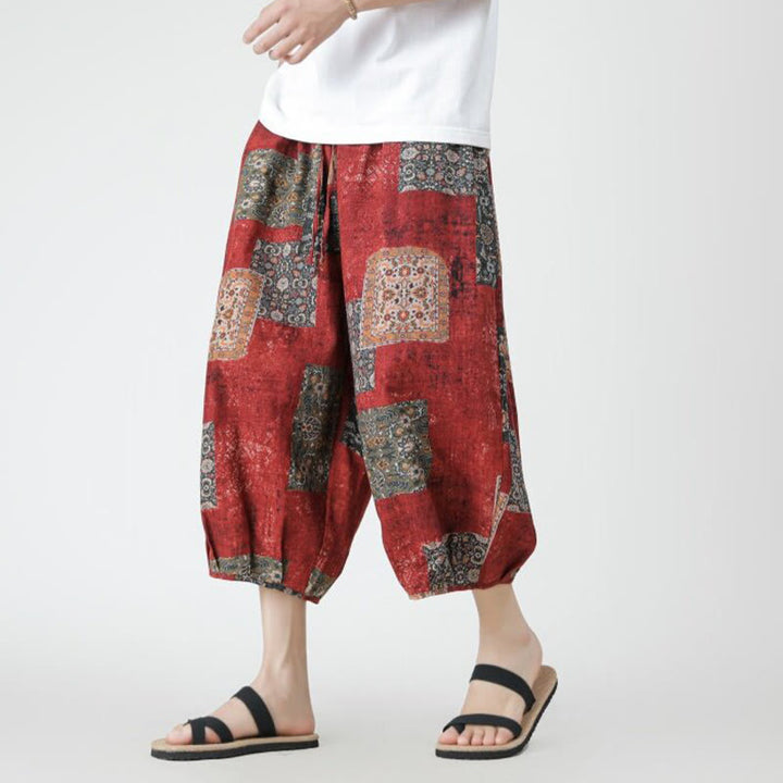 Buddha Stones夏 スクエア パッチワーク 象 曼荼羅 幾何学 コットン リネン メンズ 7-8丈 ポケット付きパンツ