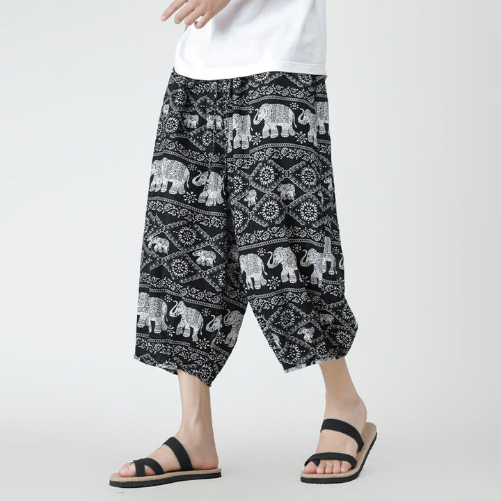 Buddha Stones夏 スクエア パッチワーク 象 曼荼羅 幾何学 コットン リネン メンズ 7-8丈 ポケット付きパンツ - 黒 - US/UK/AU46、 EU56 (5XL) - image 41