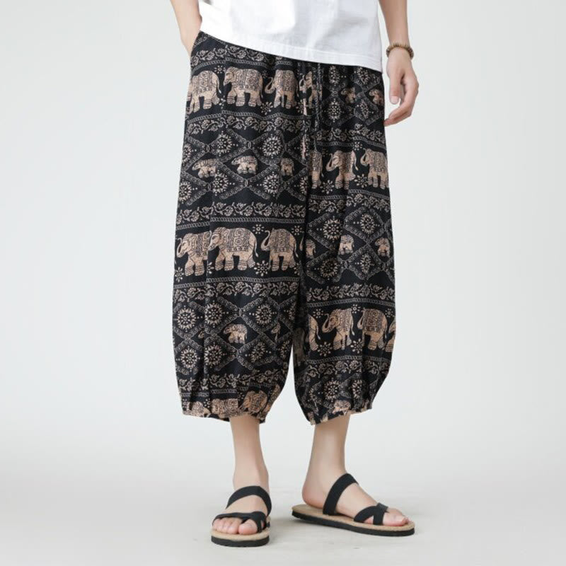 Buddha Stones夏 スクエア パッチワーク 象 曼荼羅 幾何学 コットン リネン メンズ 7-8丈 ポケット付きパンツ
