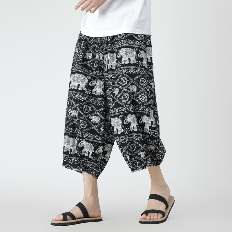 Buddha Stones夏 スクエア パッチワーク 象 曼荼羅 幾何学 コットン リネン メンズ 7-8丈 ポケット付きパンツ