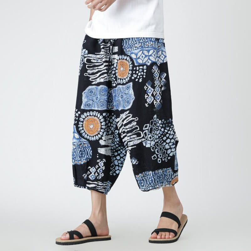 Buddha Stones夏 スクエア パッチワーク 象 曼荼羅 幾何学 コットン リネン メンズ 7-8丈 ポケット付きパンツ