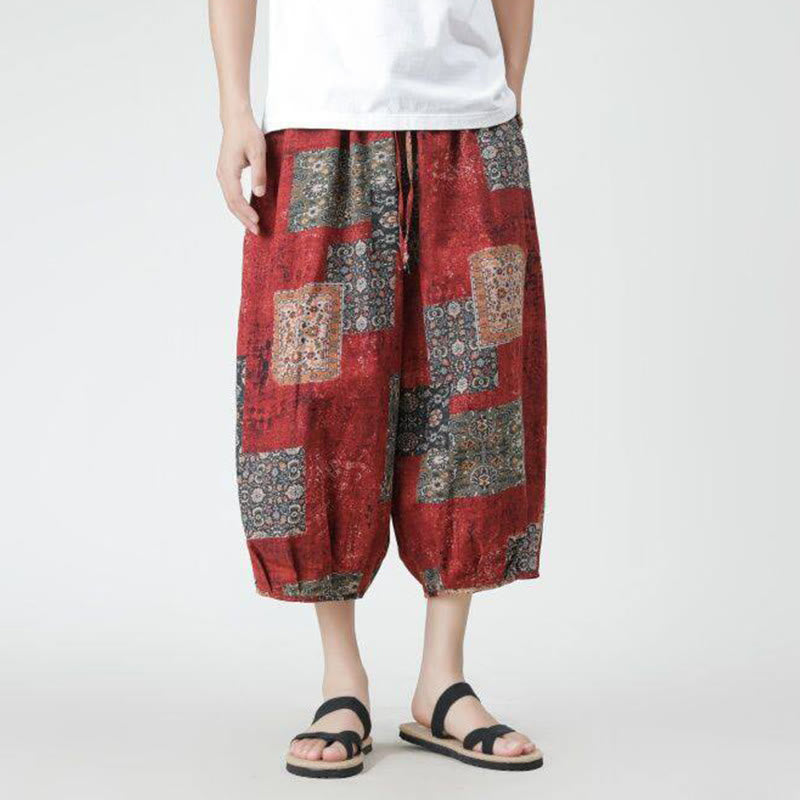 Buddha Stones夏 スクエア パッチワーク 象 曼荼羅 幾何学 コットン リネン メンズ 7-8丈 ポケット付きパンツ - image 5