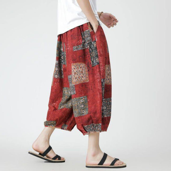 Buddha Stones夏 スクエア パッチワーク 象 曼荼羅 幾何学 コットン リネン メンズ 7-8丈 ポケット付きパンツ - image 3