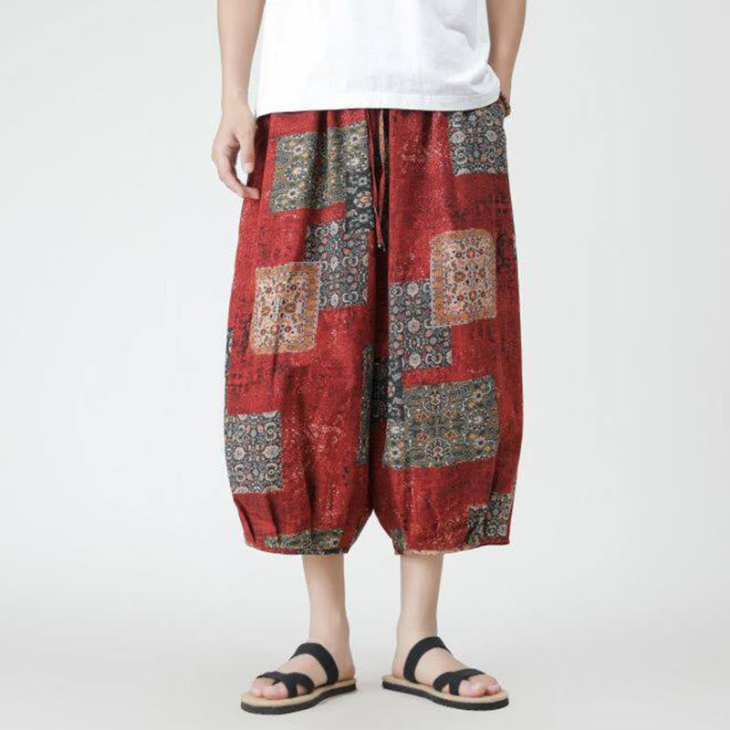 Buddha Stones夏 スクエア パッチワーク 象 曼荼羅 幾何学 コットン リネン メンズ 7-8丈 ポケット付きパンツ - image 1