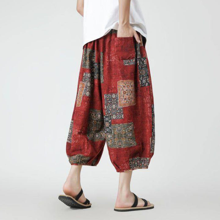 Buddha Stones夏 スクエア パッチワーク 象 曼荼羅 幾何学 コットン リネン メンズ 7-8丈 ポケット付きパンツ - image 4