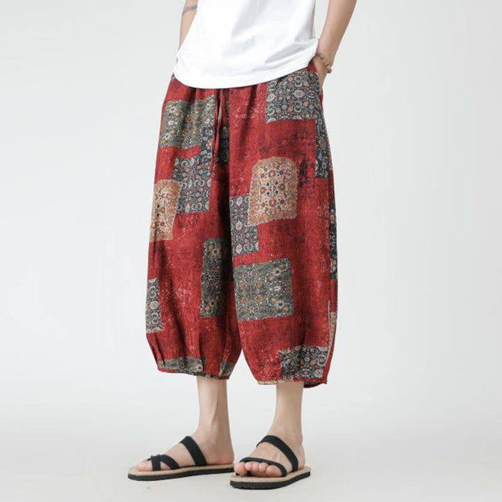 Buddha Stones夏 スクエア パッチワーク 象 曼荼羅 幾何学 コットン リネン メンズ 7-8丈 ポケット付きパンツ